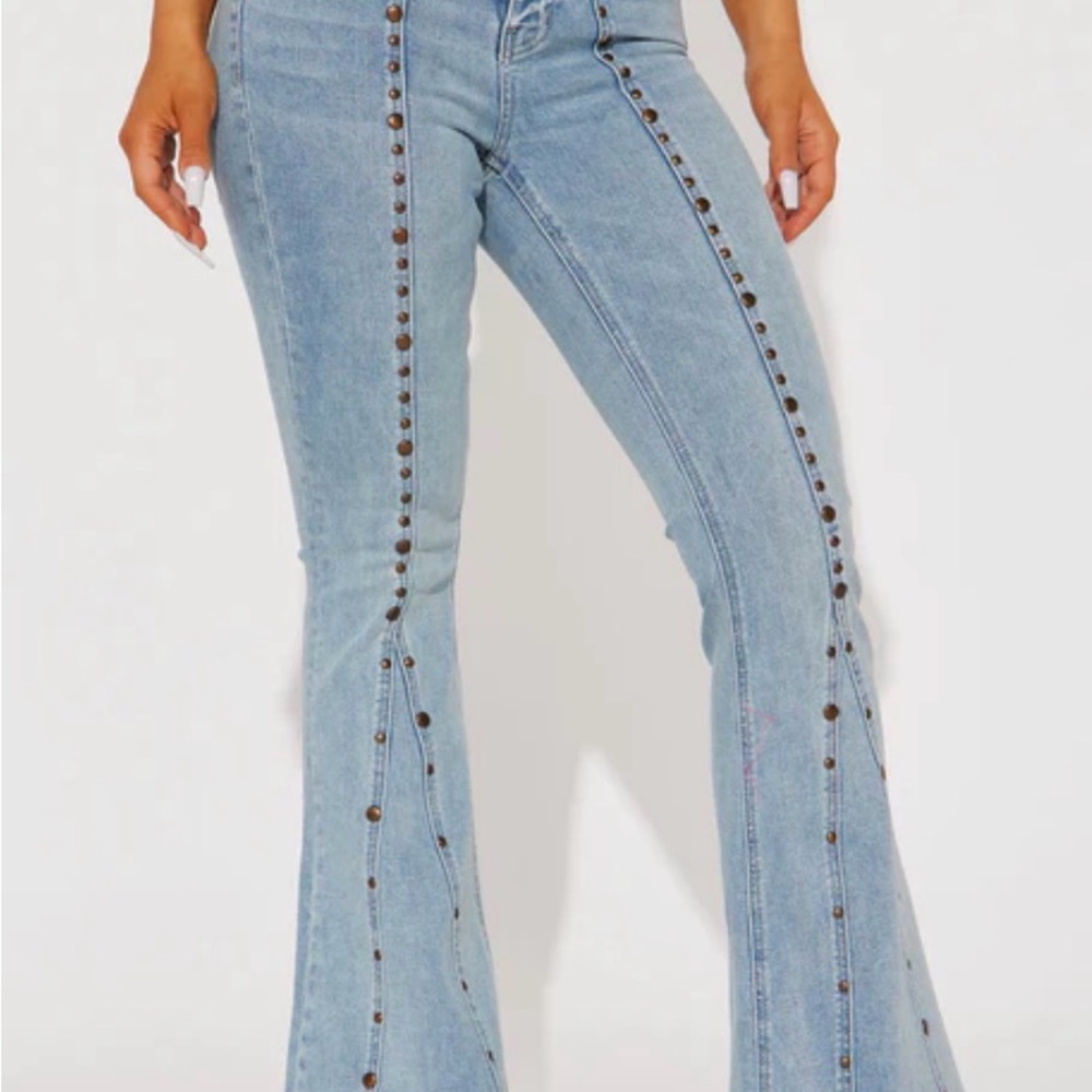 Fashion Nova Light Blue Flare Jeans with Stud Accents